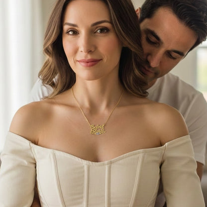 Personalized 2 Name Nameplate Necklace with Hearts in Solid Sterling Silver