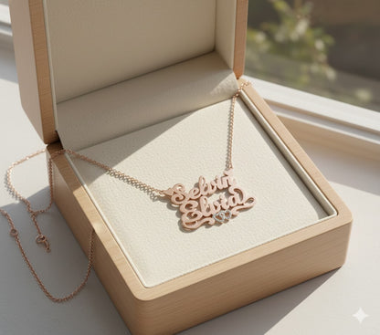 Personalized 2 Name Nameplate Necklace with Hearts in Solid Sterling Silver