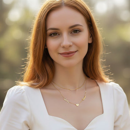 Personalized 2 Name Necklace with Heart Charm in Solid 14K Gold