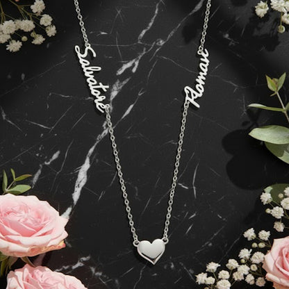 Personalized 2 Name Necklace with Heart Charm in Solid 14K Gold