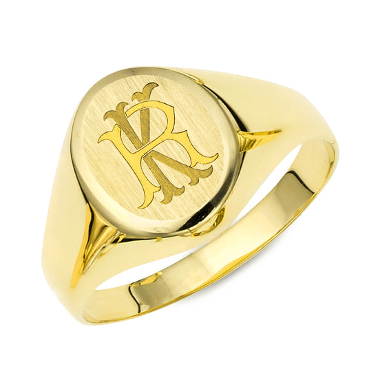 Monogram on 14K Yellow Gold Oval Satin Signet Ring