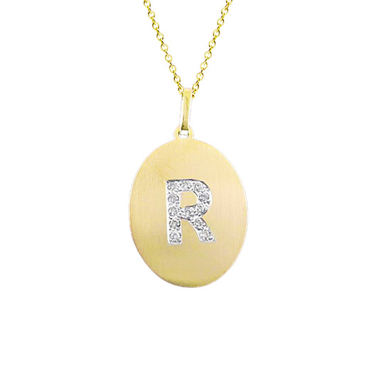 14k Gold and Diamond 1 Initial Brushed Oval Pendant