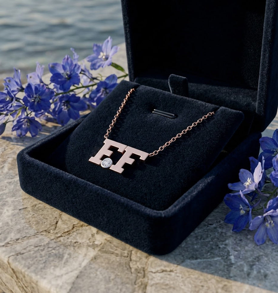 Roman Block Initials in High Polished 14K Gold and a Genuine Diamond In Between