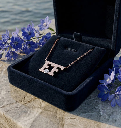 Roman Block Initials in High Polished 14K Gold and a Genuine Diamond In Between