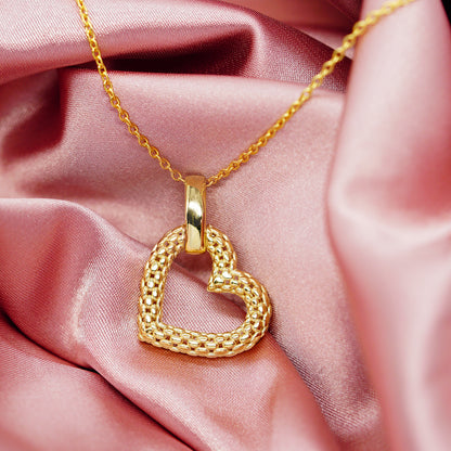 14K Gold Popcorn Open Heart Necklace