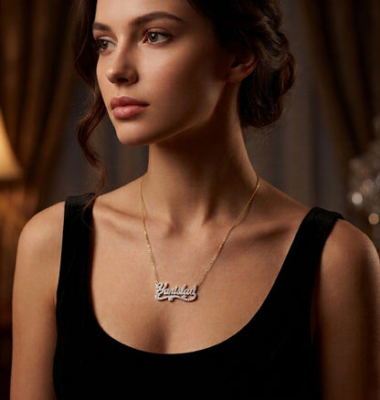 Script Text Double Layered Nameplate with Fancy Tail and Diamonds and 14K Gold