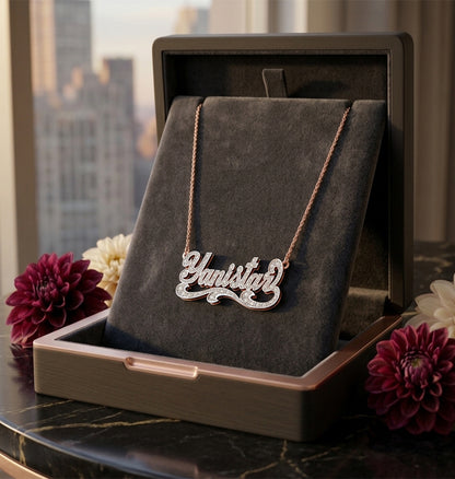 Script Text Double Layered Nameplate with Fancy Tail and Diamonds and 14K Gold