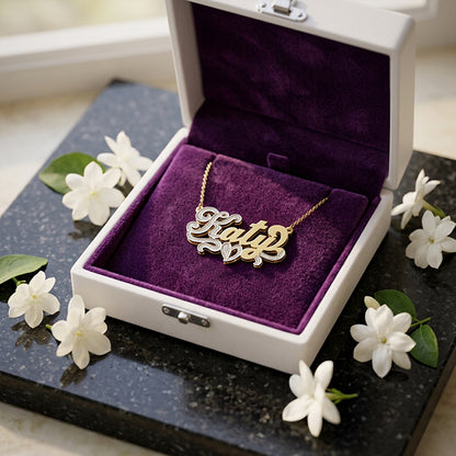 Shadowbox Nameplate with First Letter and Heart in Rhodium Sparkle in 14K Gold
