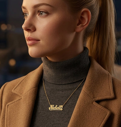 Single Layer Nameplate Necklace in 14K Gold with Florentine Finish | 5/8" Tall