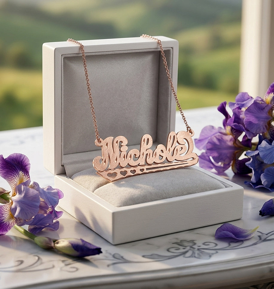 Single Layer Nameplate Necklace in 14K Gold with Florentine Finish | 5/8" Tall