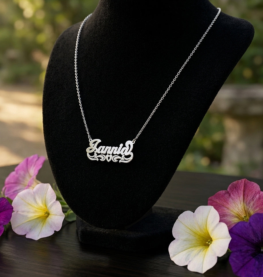 Solid Sterling Silver Nameplate with Florentine Finish and High Polish