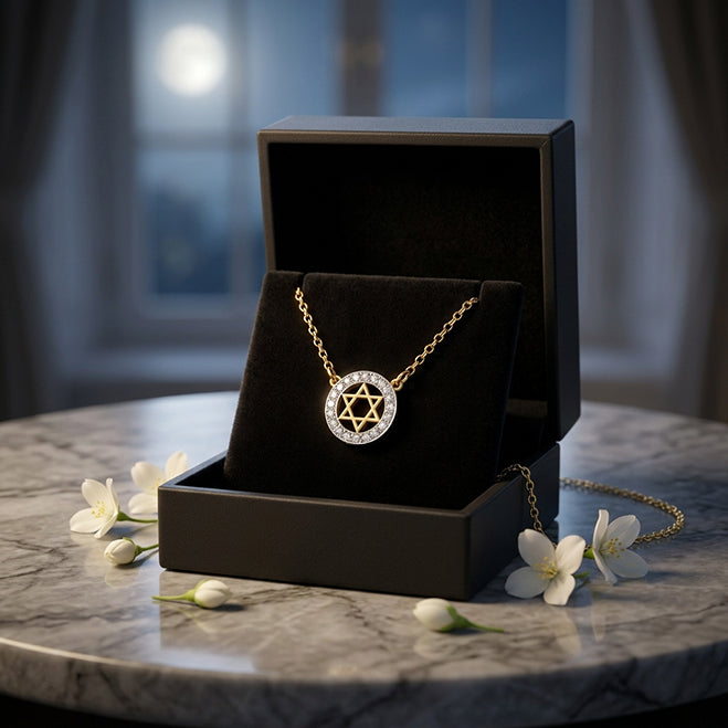 Star of David in 14K Gold with 15 Diamond Halo Necklace