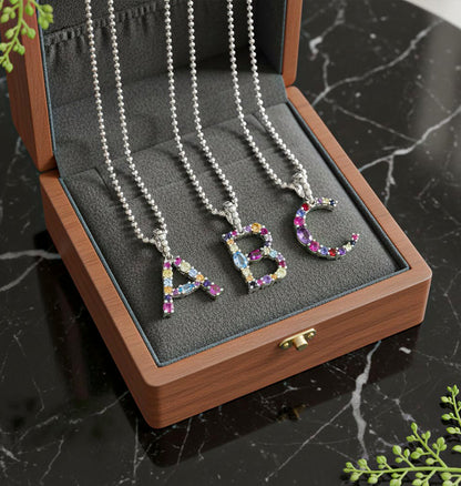 Sterling Silver Initial Gemstone Charm Pendant on 18in Chain with Lobster Clasp