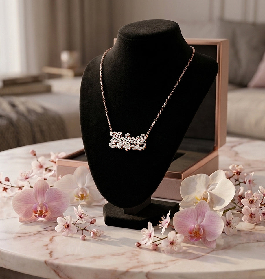 Sterling Silver Nameplate with Flower Shadowbox and Full Rhodium Sparkle