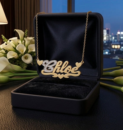 Triple Heart Name Plate Pendant with Diamonds on First Letter | 14K Gold