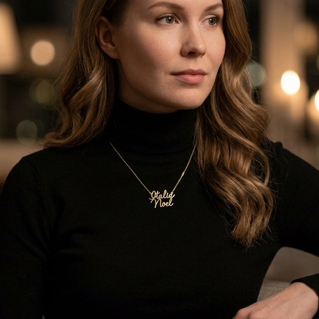 Two Name Script Charm Necklace in 14K Gold