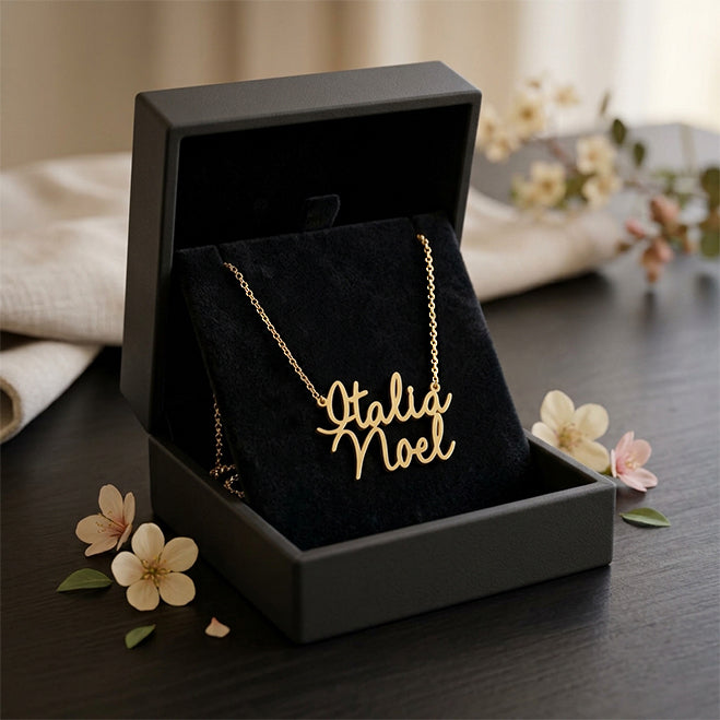 Two Name Script Charm Necklace in 14K Gold