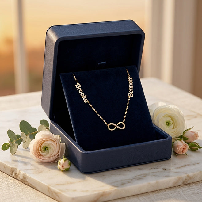 Two Names with Diamonds and Infinity Charm Necklace in 14K Gold