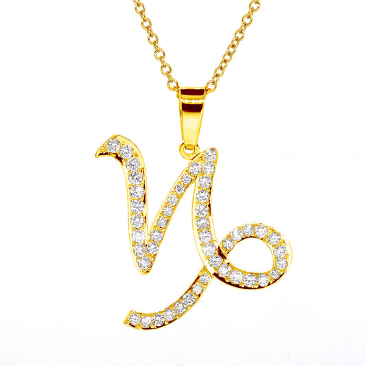 14K Gold and Pave Diamonds Zodiac Charm Necklace | Capricorn