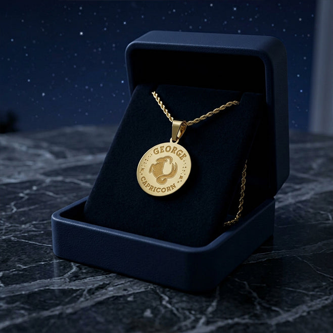Zodiac Engraved Pendant with Customizable Name in High Polished 14K Gold | 0.75" Capricorn