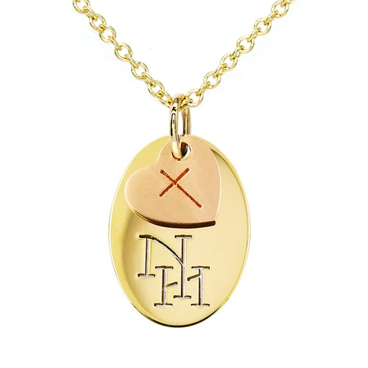 Oval 2 Initial Monogram Pendant with Heart Cross 2 Tone in 14kt Gold