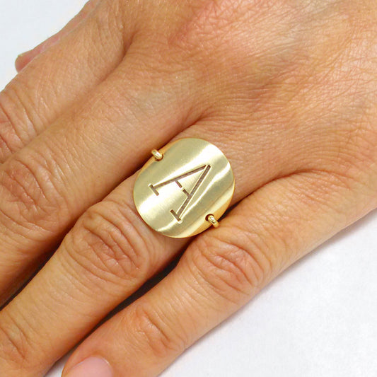 Personalized 14k Gold Single Punchout Block Initial Wire Ring with Matte Finish