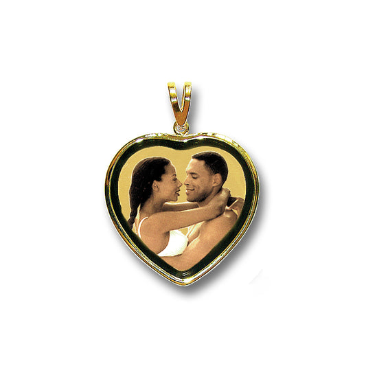 14K Gold Picture Pendant - Heart Shape with Mineral Crystal and Black Border for Personalized Photo Charm