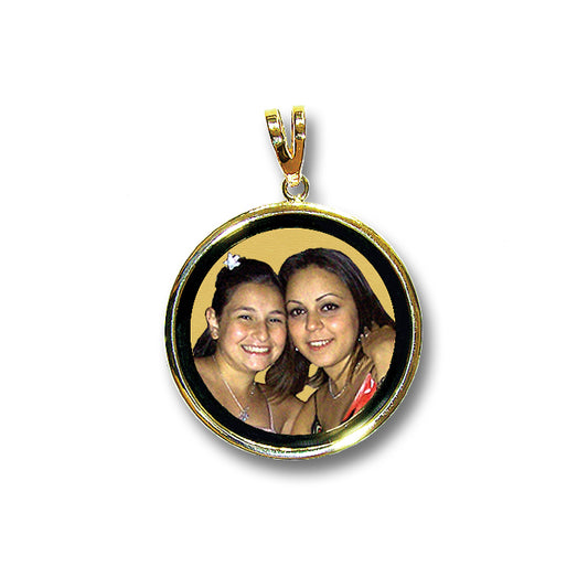 Personalized 14K Gold Picture Pendant - Round Shape with Mineral Crystal and Black Border