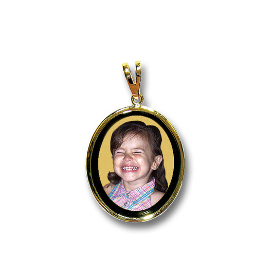 14K Gold Picture Pendant - Oval Shape with Mineral Crystal and Black Border for Personalized Photo Charm