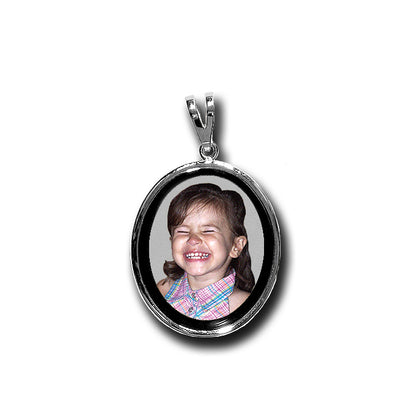 14K Gold Picture Pendant - Oval Shape with Mineral Crystal and Black Border for Personalized Photo Charm