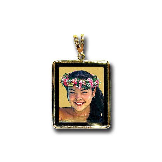 Personalized 14K Gold Picture Pendant - Rectangle Shape with Mineral Crystal and Black Border