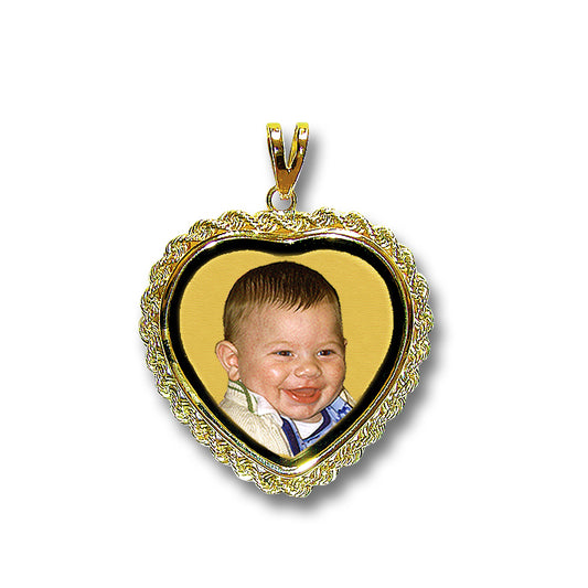 Customizable Picture Pendant - 14K Gold Outlined Heart Shape with Rope Chain Frame and Black Border for Personalized Photo Charm