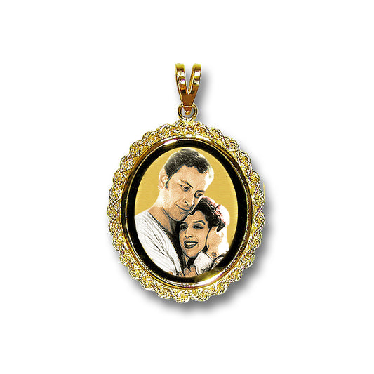 Oval Picture Pendant - 14K Gold Charm with Rope Chain Frame, Black Border, and Personalized Photo of Your Choice