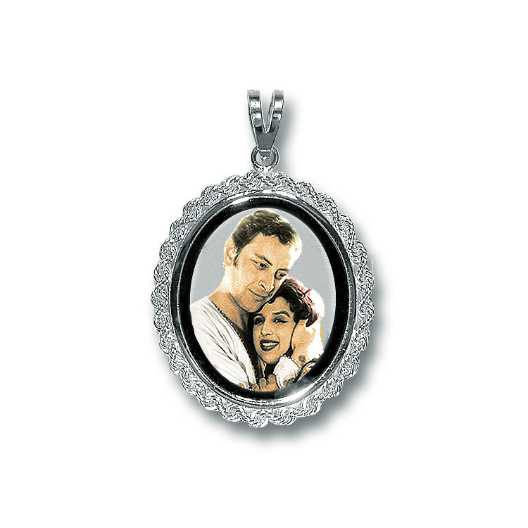 Oval Picture Pendant - 14K Gold Charm with Rope Chain Frame, Black Border, and Personalized Photo of Your Choice