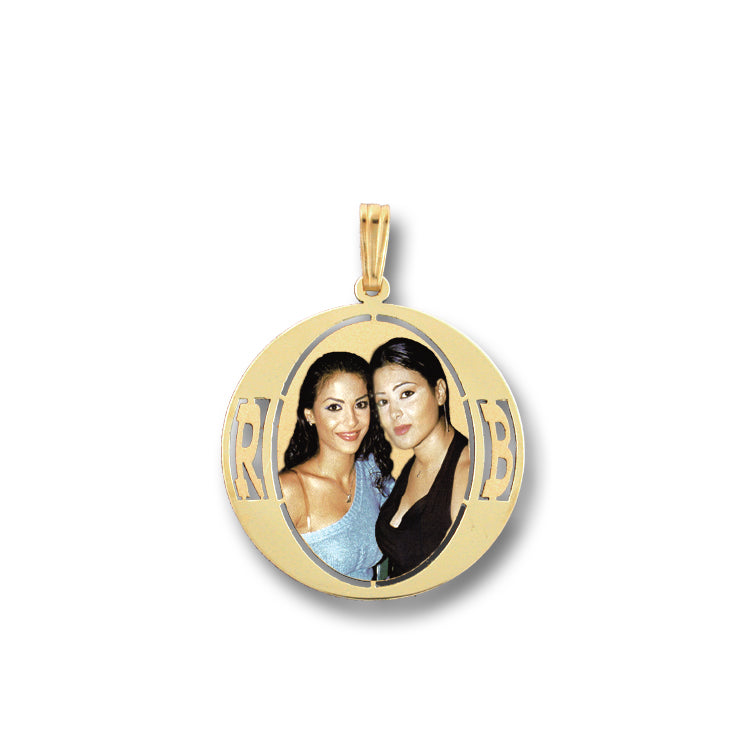 Elegant 14K Gold Picture Pendant Round Pendant with Two Initials Cut-out and Oval Shape Cut-out