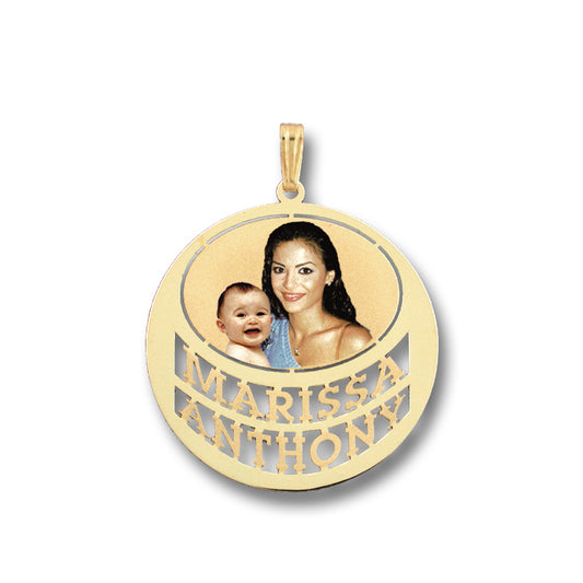 Charming 14K Gold Picture Pendant Round Pendant with Two Names Cut-out and Oval Shape Cut-out