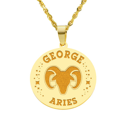 Zodiac Engraved Pendant with Customizable Name in High Polished 14K Gold | 0.75" Aries