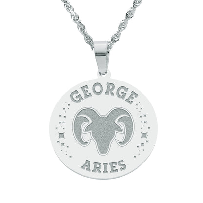 Zodiac Engraved Pendant with Customizable Name in High Polished 14K Gold | 0.75" Aries