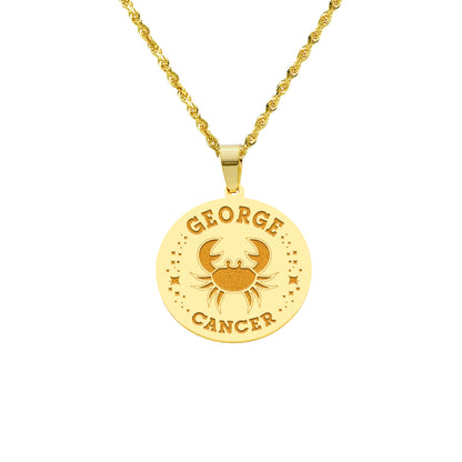 Zodiac Engraved Pendant with Customizable Name in High Polished 14K Gold | 0.75" Cancer