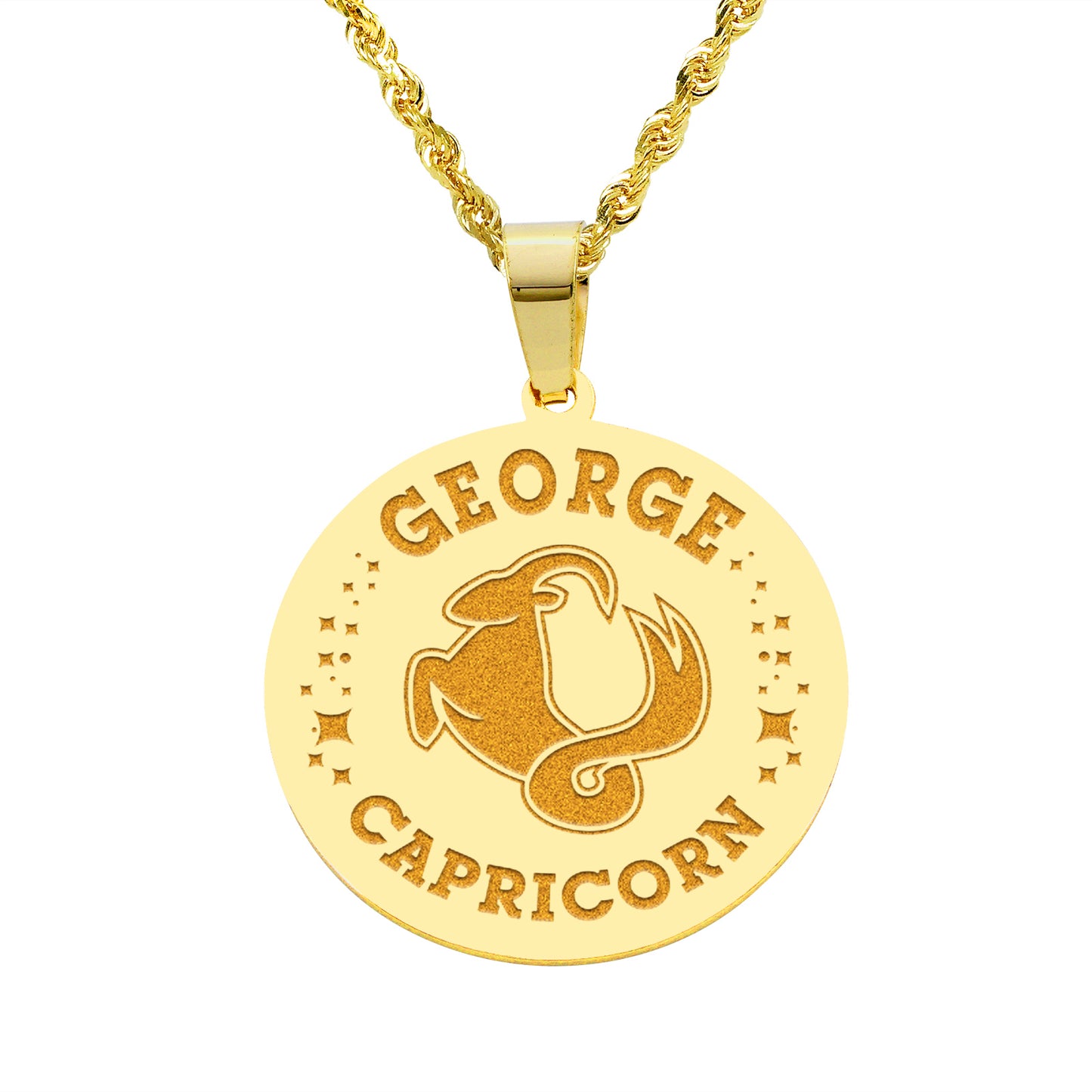 Zodiac Engraved Pendant with Customizable Name in High Polished 14K Gold | 0.75" Capricorn