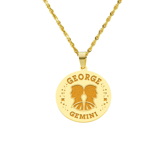 Zodiac Engraved Pendant with Customizable Name in High Polished 14K Gold | 0.75" Gemini