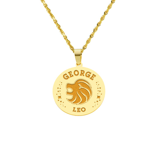 Zodiac Engraved Pendant with Customizable Name in High Polished 14K Gold | 0.75" Leo