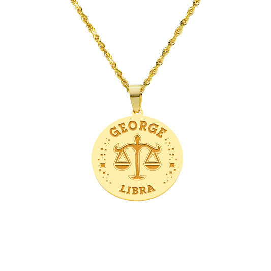 Zodiac Engraved Pendant with Customizable Name in High Polished 14K Gold | 0.75" Libra