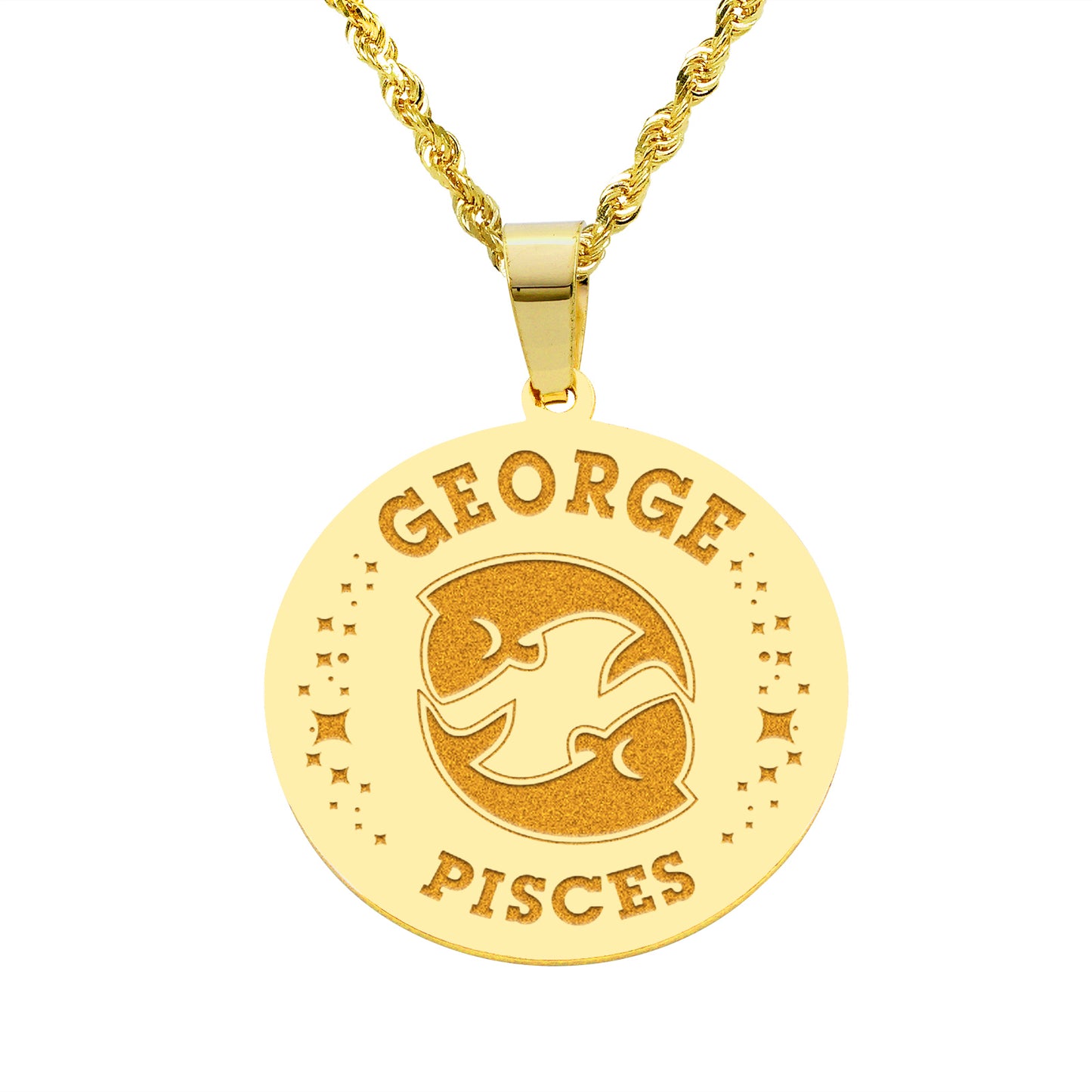 Zodiac Engraved Pendant with Customizable Name in High Polished 14K Gold | 0.75" Pisces