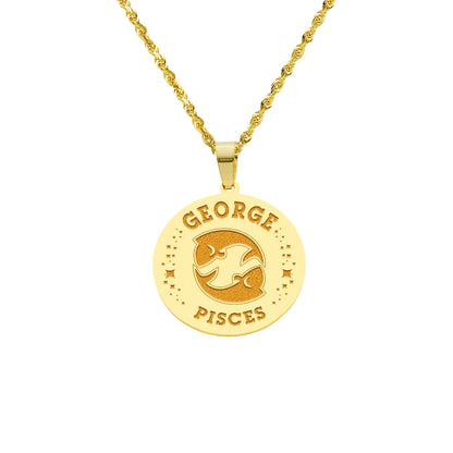 Zodiac Engraved Pendant with Customizable Name in High Polished 14K Gold | 0.75" Pisces