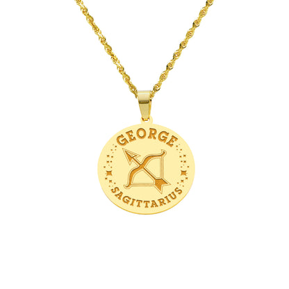 Zodiac Engraved Pendant with Customizable Name in High Polished 14K Gold | 0.75" Sagittarius
