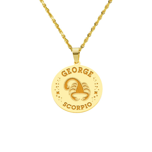 Zodiac Engraved Pendant with Customizable Name in High Polished 14K Gold | 0.75" Scorpio