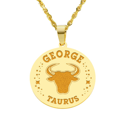 Zodiac Engraved Pendant with Customizable Name in High Polished 14K Gold | 0.75" Taurus