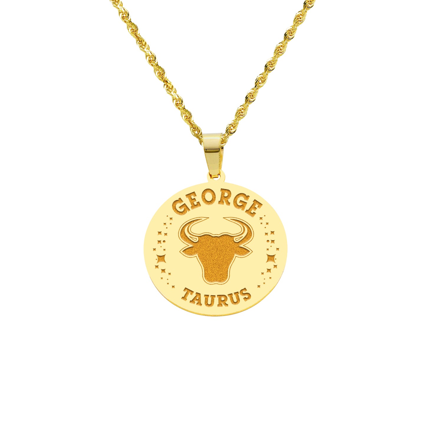 Zodiac Engraved Pendant with Customizable Name in High Polished 14K Gold | 0.75" Taurus