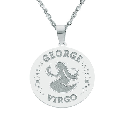 Zodiac Engraved Pendant with Customizable Name in High Polished 14K Gold | 0.75" Virgo